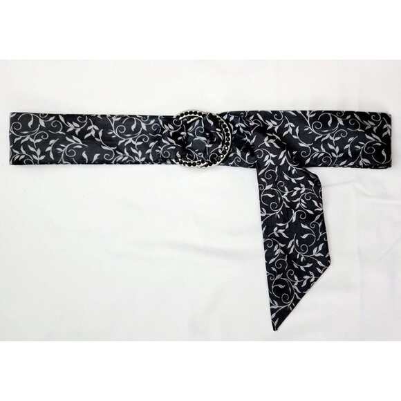 Vtg Y2K Express Womens Belt Sz Sm 34" 100% Silk Black Silver Rhinestone Buckle - Picture 7 of 9